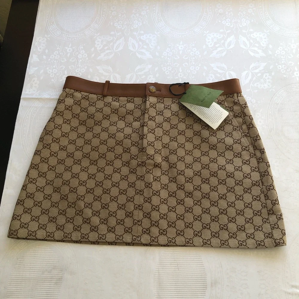 Gucci GG Monogram Canvas/Leather Trim Mini Skirt Camel/Ebony Women's Size 46(L) - Picture 16 of 16
